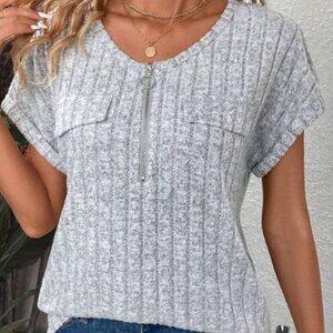 Light Grey Top, short sleeves, zipper, half pocket 12 XL
